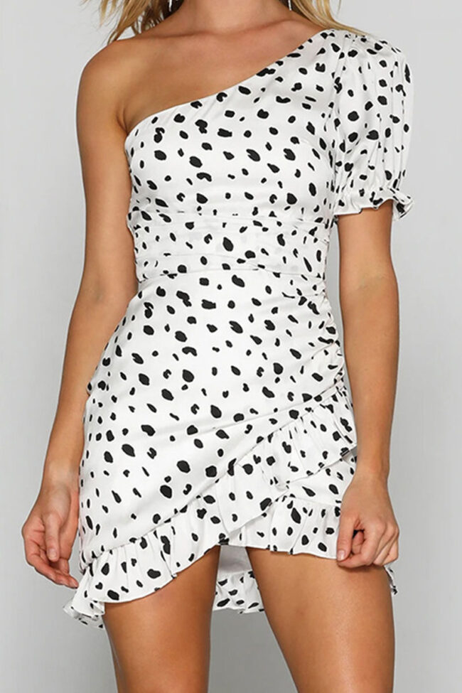 Street Polka Dot Split Joint One Shoulder Irregular Dresses