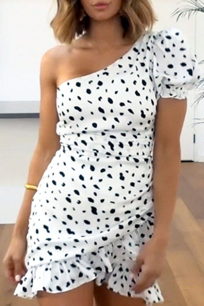 Street Polka Dot Split Joint One Shoulder Irregular Dresses