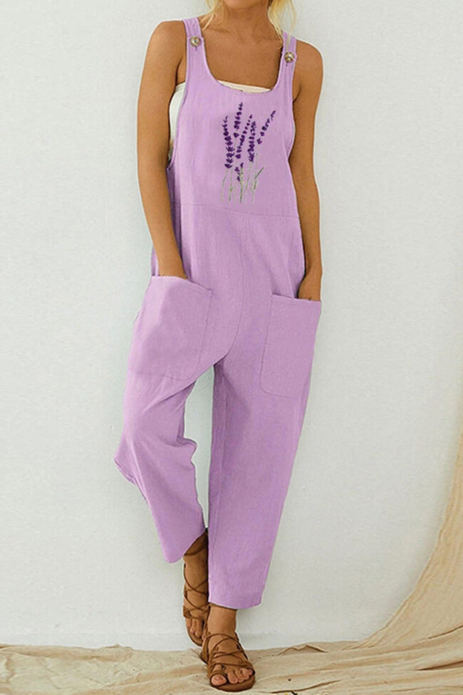 Fashion Street Print Split Joint Spaghetti Strap Loose Jumpsuits