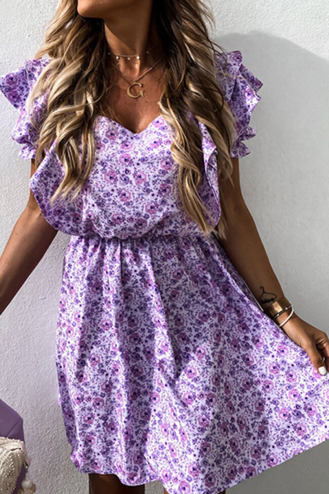 Fashion Sweet Print Split Joint V Neck Pleated Dresses