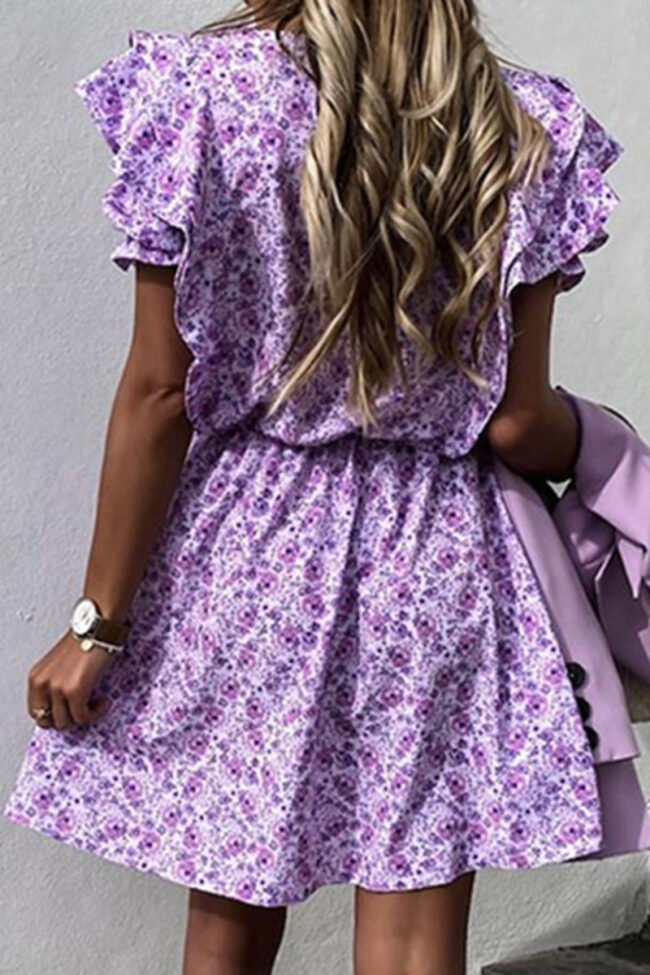 Fashion Sweet Print Split Joint V Neck Pleated Dresses