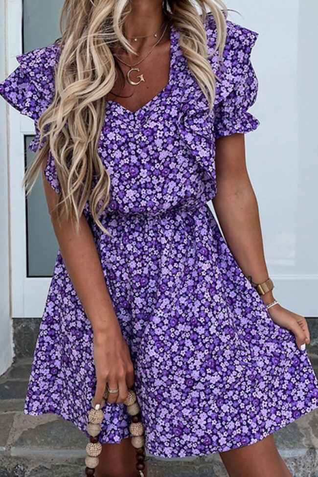 Fashion Sweet Print Split Joint V Neck Pleated Dresses