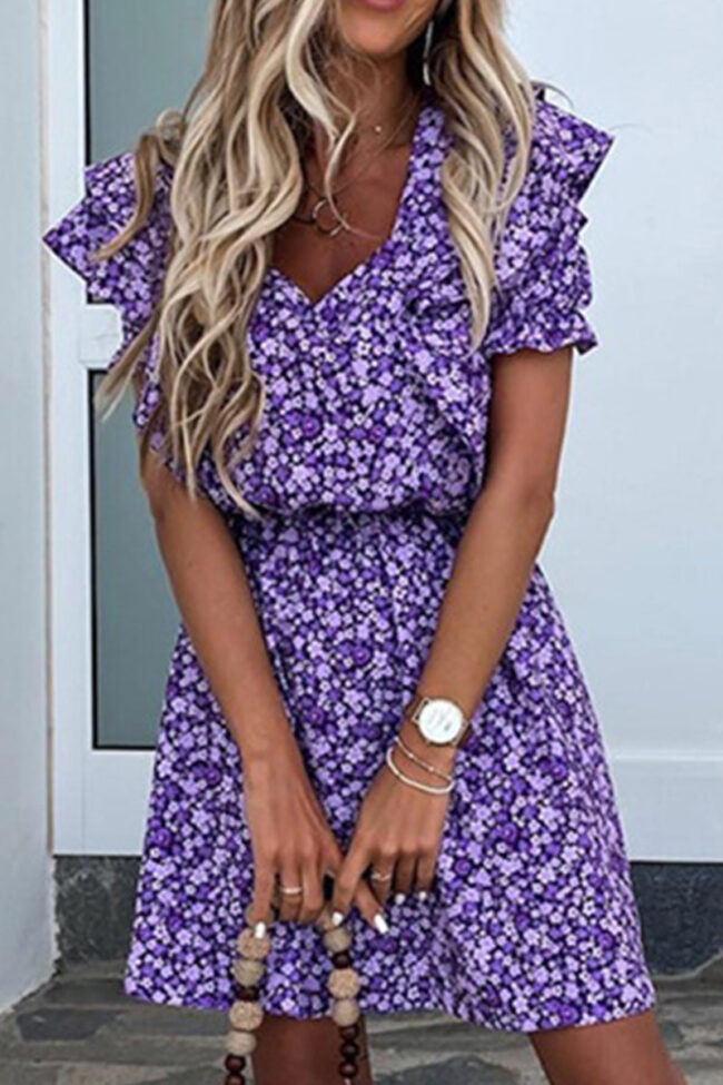 Fashion Sweet Print Split Joint V Neck Pleated Dresses