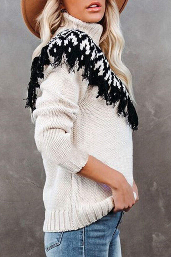 Fashion Street Print Tassel Turtleneck Tops