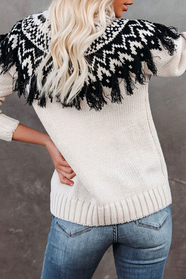 Fashion Street Print Tassel Turtleneck Tops