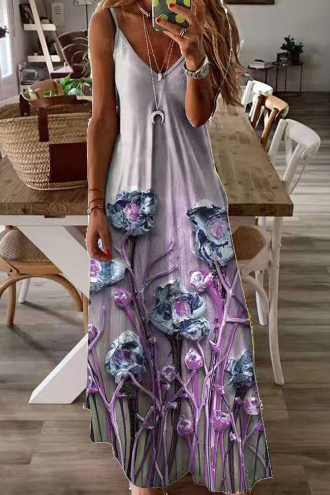 Fashion Sweet Print Split Joint V Neck Princess Dresses