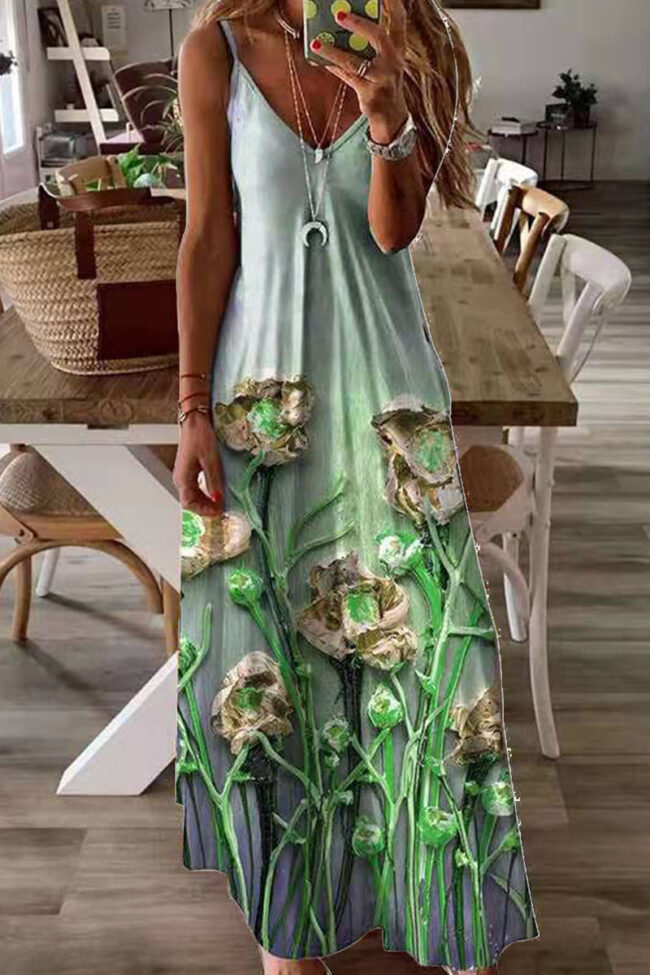 Fashion Sweet Print Split Joint V Neck Princess Dresses