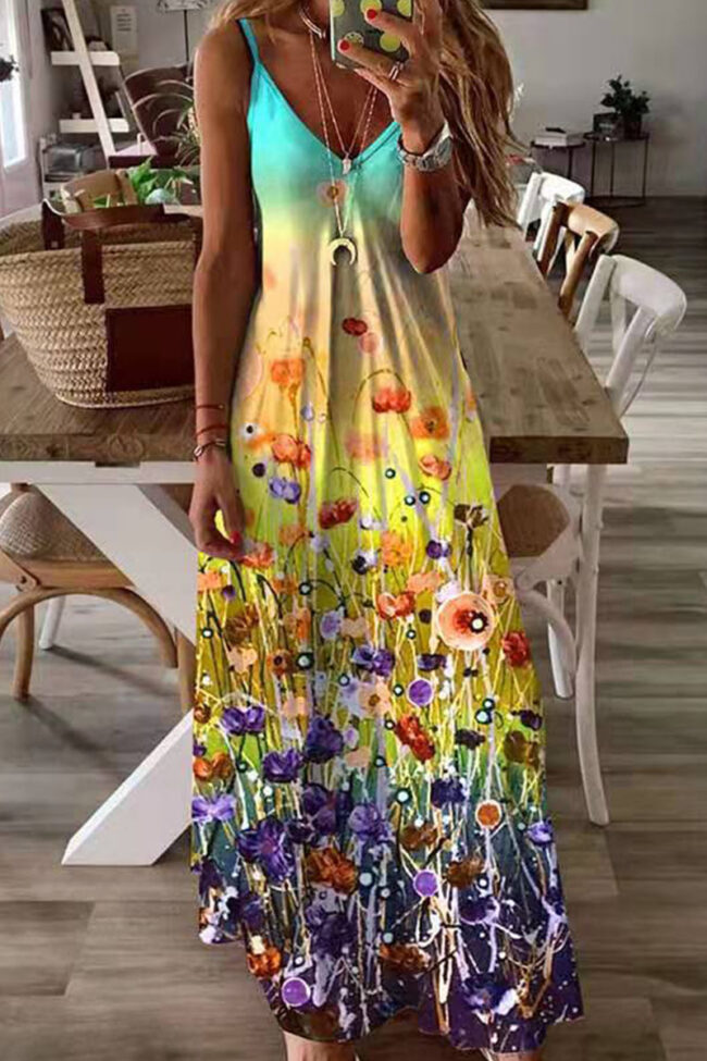 Fashion Sweet Print Split Joint V Neck Princess Dresses