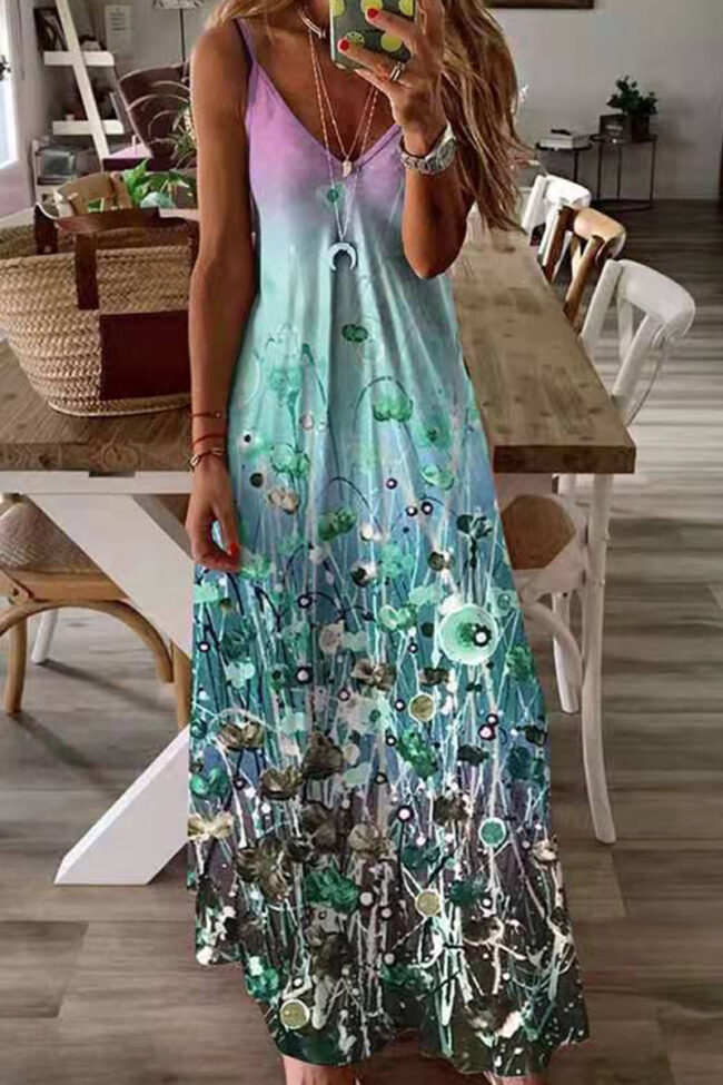 Fashion Sweet Print Split Joint V Neck Princess Dresses