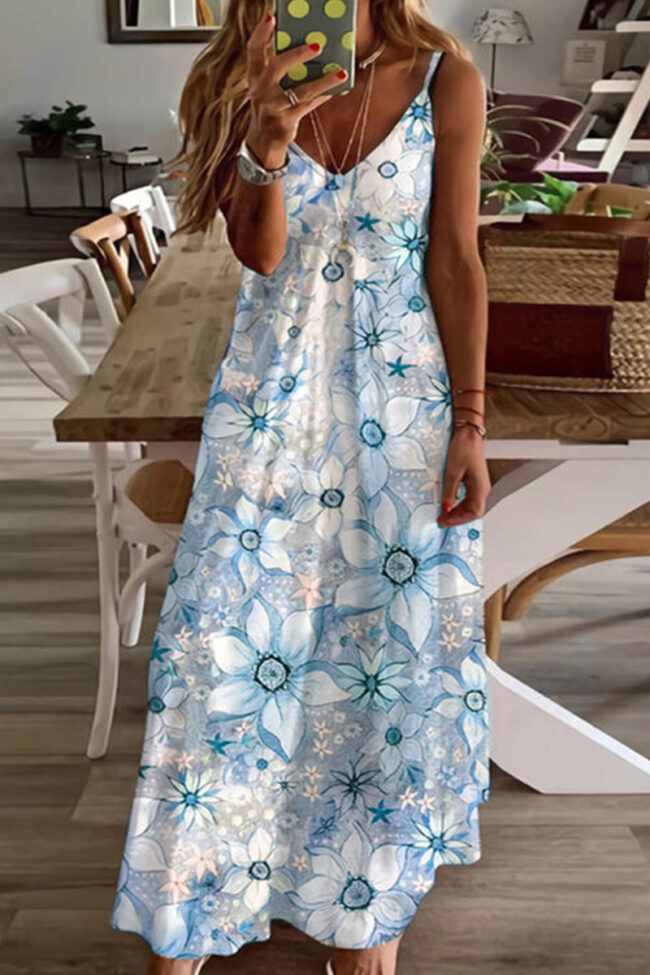 Fashion Sweet Print Split Joint V Neck Princess Dresses