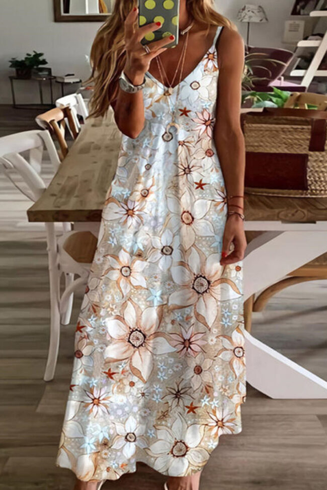 Fashion Sweet Print Split Joint V Neck Princess Dresses