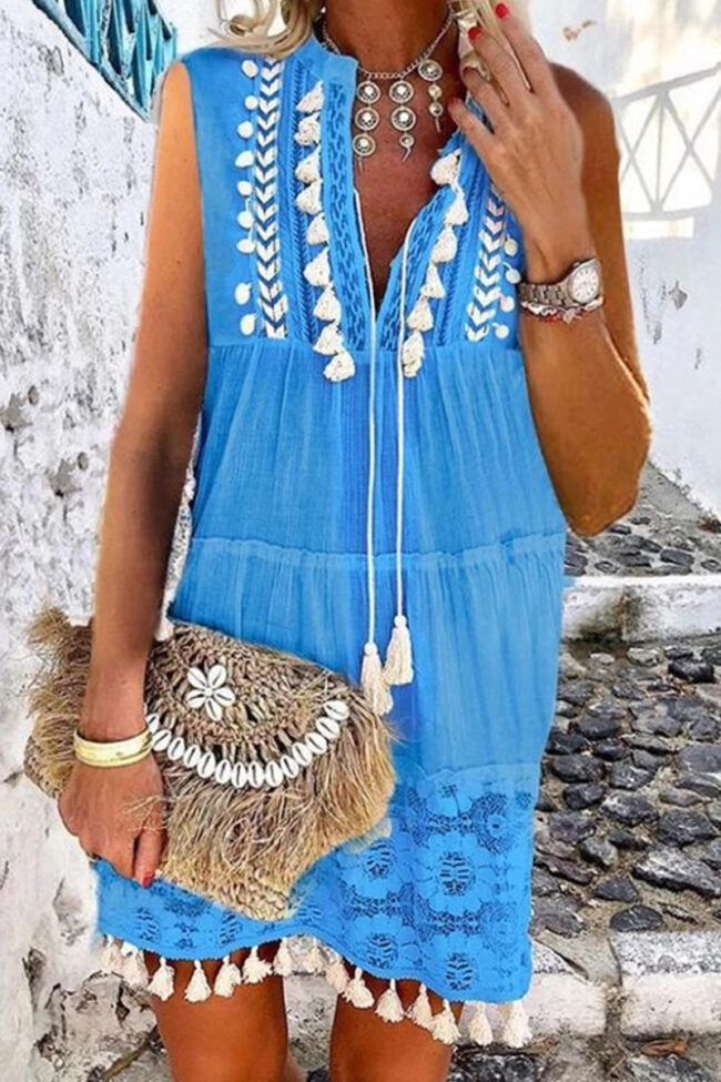 Fashion Street Print Tassel V Neck Princess Dresses