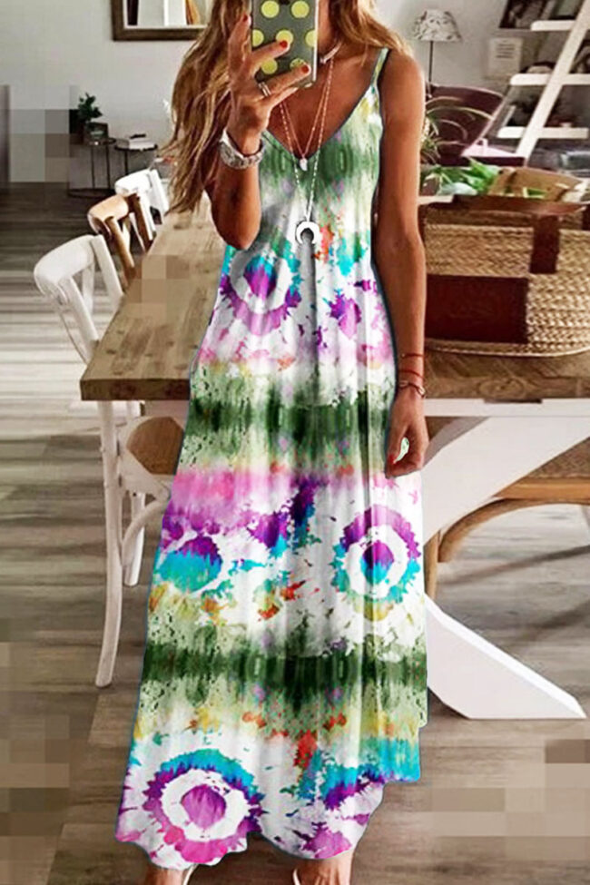 Fashion Sweet Print Split Joint V Neck Princess Dresses