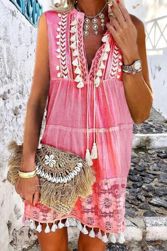 Fashion Street Print Tassel V Neck Princess Dresses