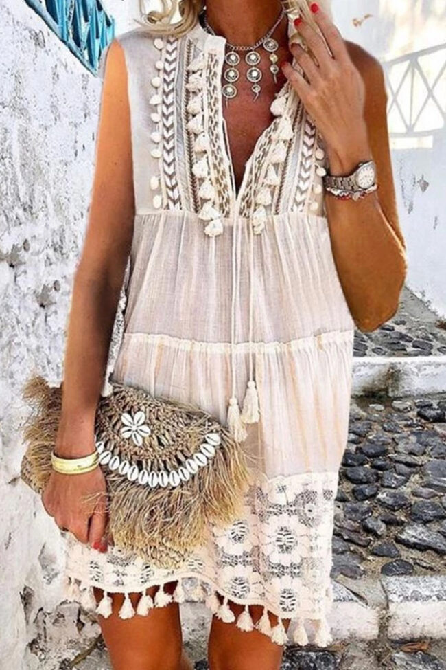 Fashion Street Print Tassel V Neck Princess Dresses