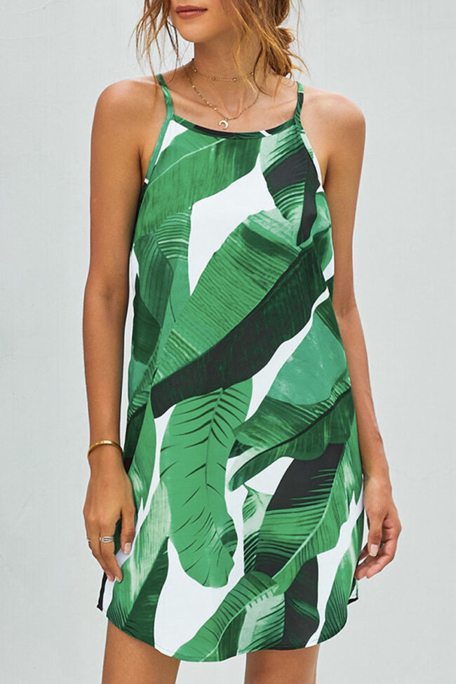 Street Print Split Joint Spaghetti Strap Straight Dresses