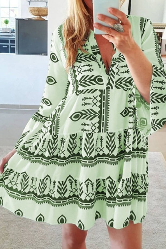 Fashion Sweet Print Split Joint V Neck Princess Dresses