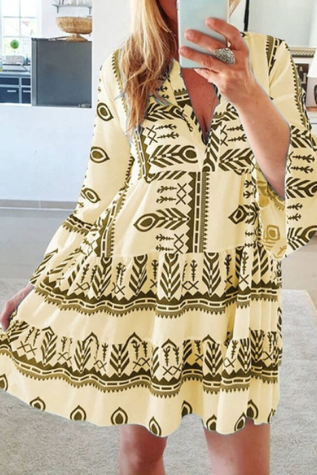 Fashion Sweet Print Split Joint V Neck Princess Dresses