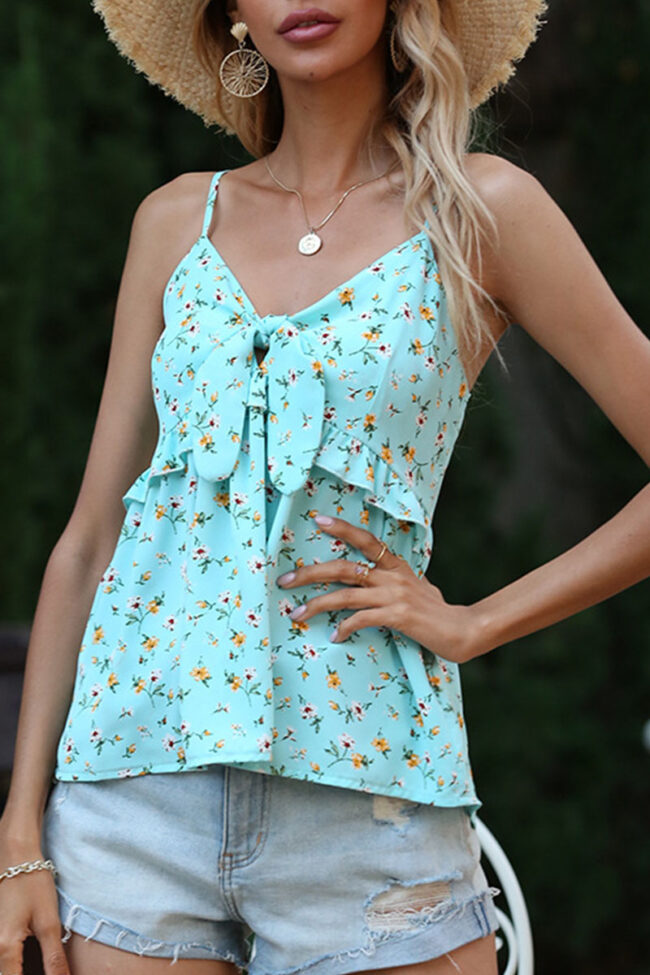 Fashion Sweet Print Split Joint V Neck Tops