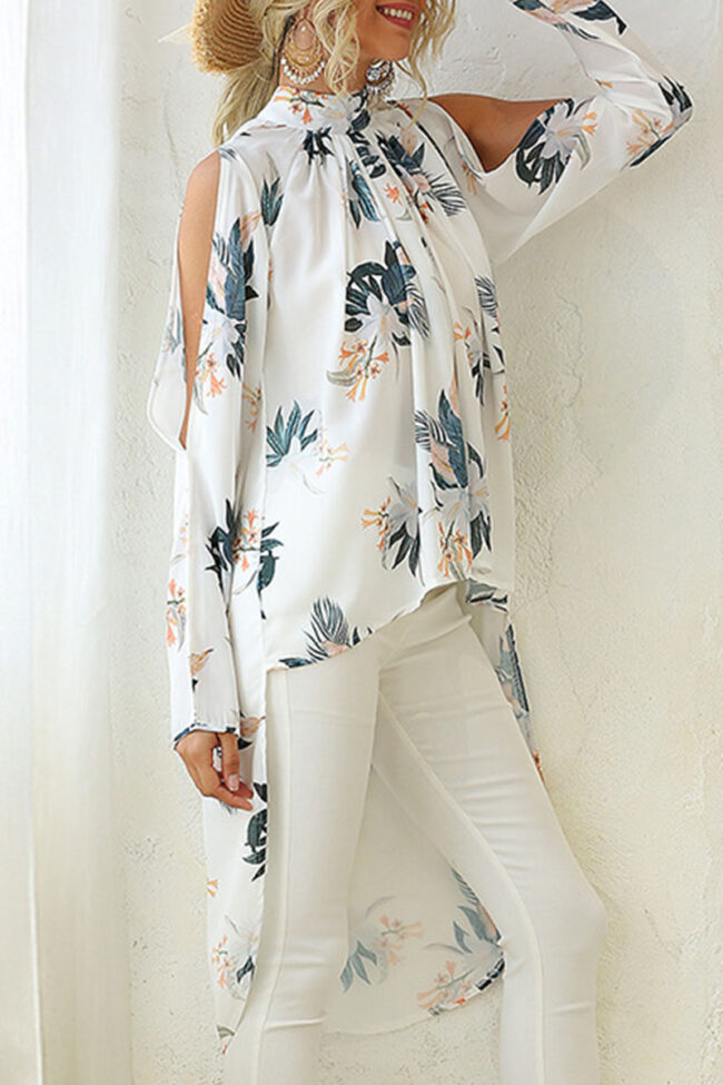 Fashion Street Print Asymmetrical O Neck Tops