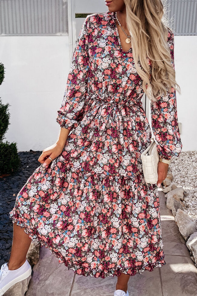 Fashion Sweet Print Split Joint V Neck Waist Skirt Dresses