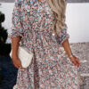 Fashion Sweet Print Split Joint V Neck Waist Skirt Dresses