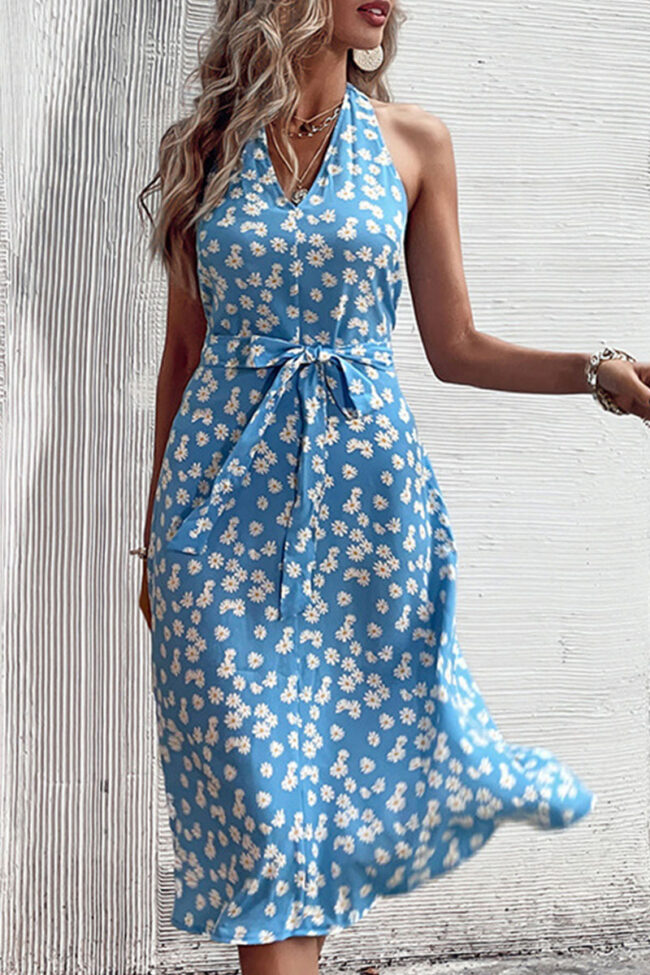 Fashion Street Print Backless Halter A Line Dresses