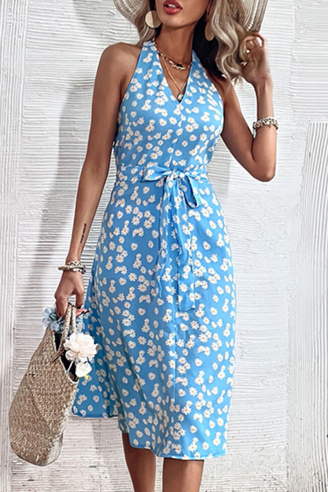 Fashion Street Print Backless Halter A Line Dresses