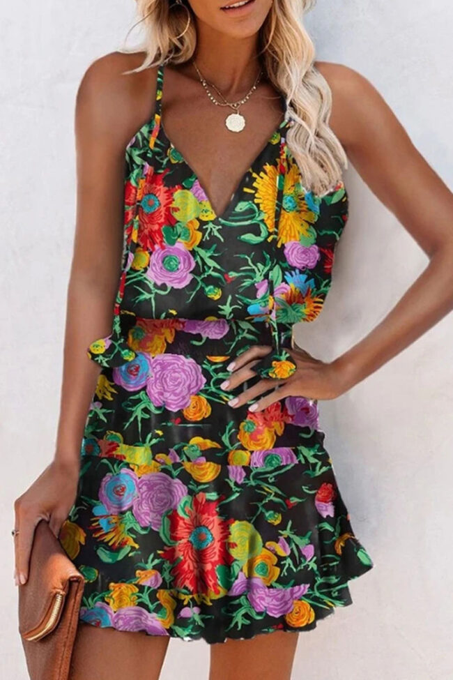 Fashion Sweet Print Split Joint V Neck Waist Skirt Dresses