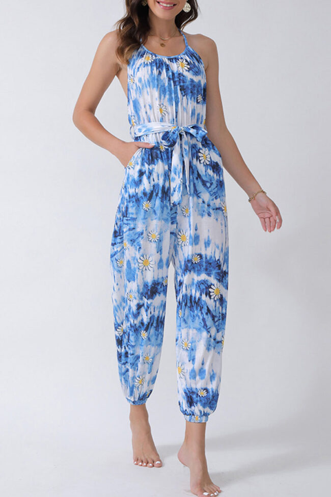 Fashion Street Print Backless Halter Loose Jumpsuits