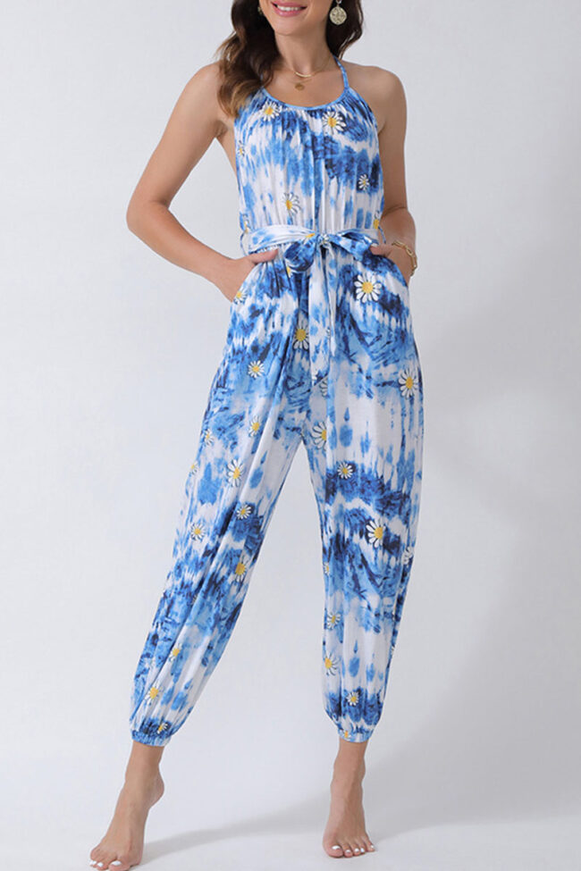 Fashion Street Print Backless Halter Loose Jumpsuits