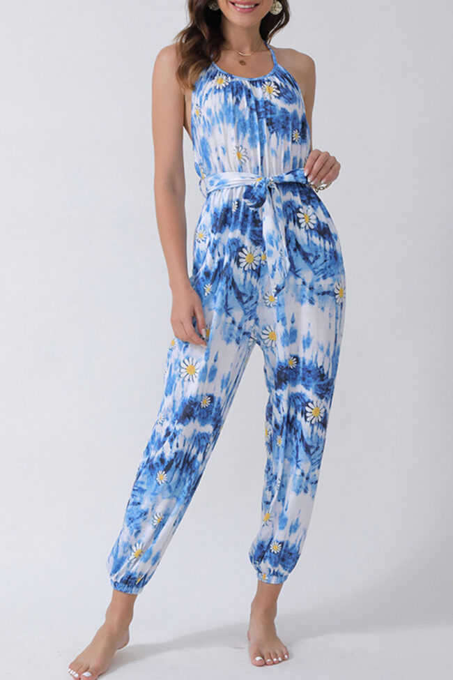 Fashion Street Print Backless Halter Loose Jumpsuits