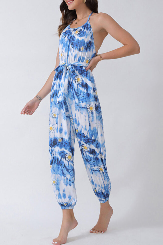 Fashion Street Print Backless Halter Loose Jumpsuits