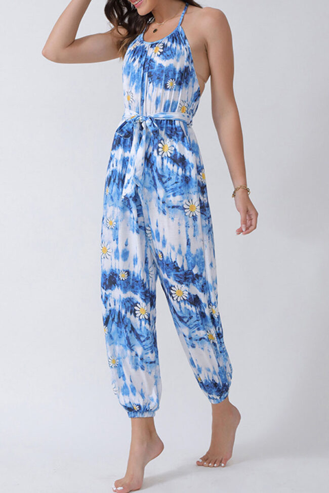 Fashion Street Print Backless Halter Loose Jumpsuits