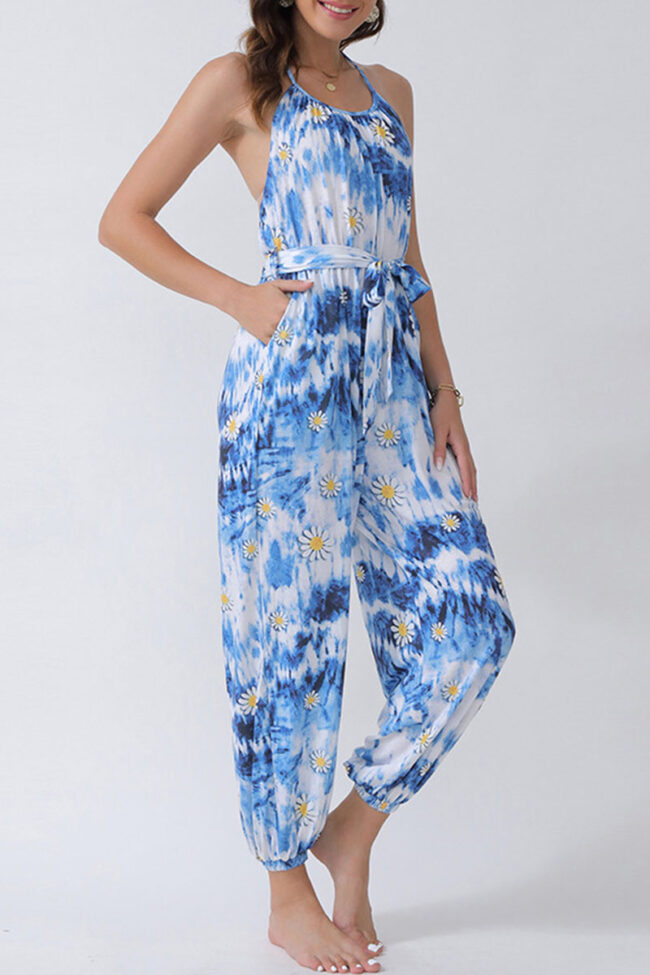 Fashion Street Print Backless Halter Loose Jumpsuits