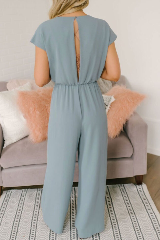 Fashion Street Solid Backless V Neck Loose Jumpsuits