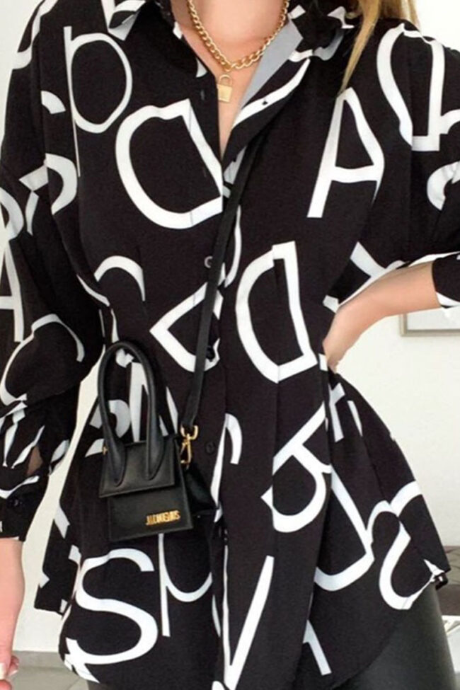 Fashion Street Print Split Joint Turndown Collar A Line Dresses