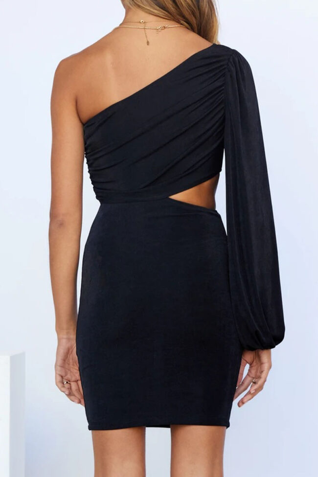 Street Solid Hollowed Out One Shoulder Wrapped Skirt Dresses