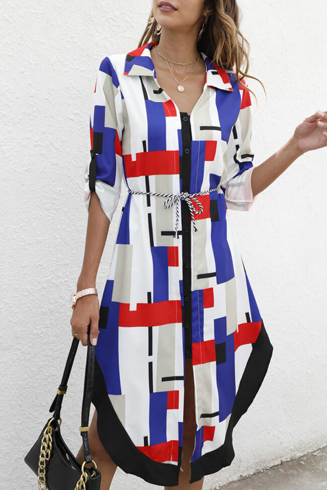 Street Print Split Joint Turndown Collar Irregular Dresses