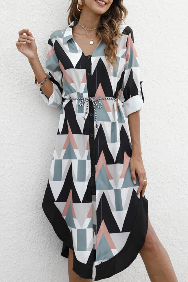 Street Print Split Joint Turndown Collar Irregular Dresses