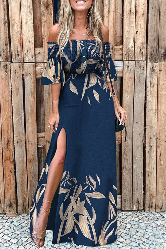 Fashion Street Print Slit Off the Shoulder Irregular Dresses