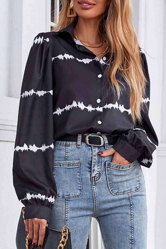 Fashion Street Print Split Joint Turndown Collar Tops