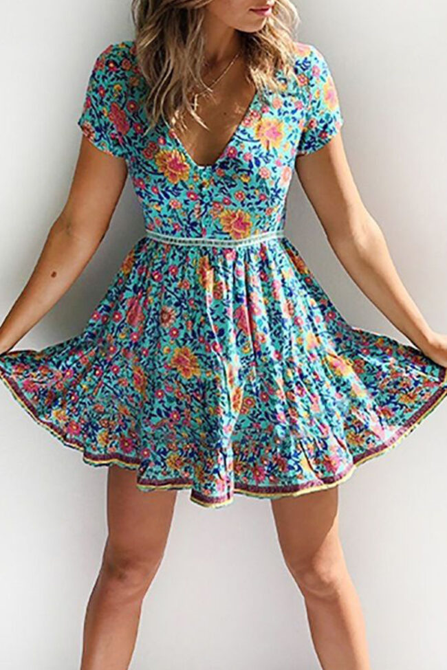 Fashion Street Print Split Joint V Neck A Line Dresses