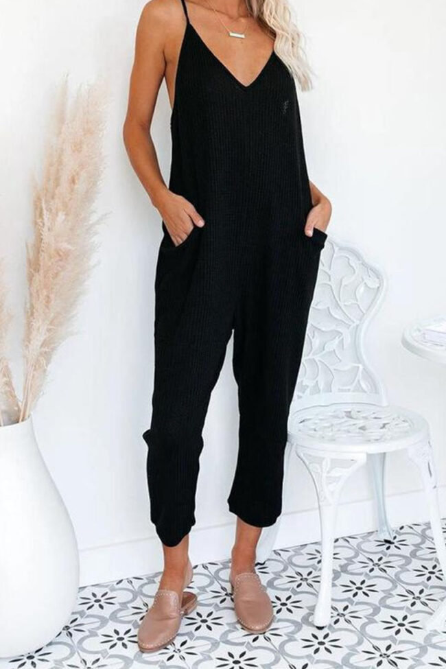 Fashion Street Solid Pocket V Neck Loose Jumpsuits