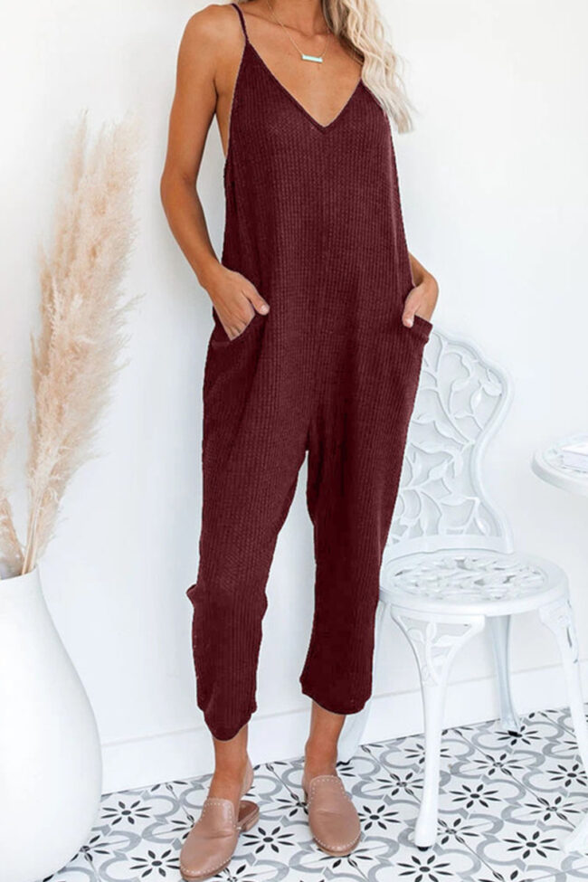 Fashion Street Solid Pocket V Neck Loose Jumpsuits