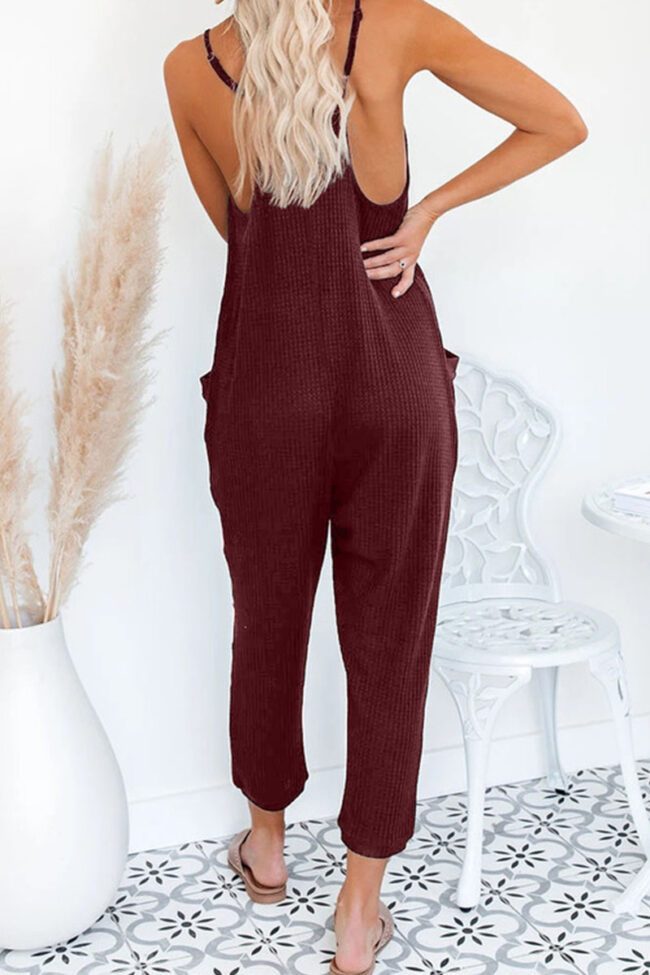 Fashion Street Solid Pocket V Neck Loose Jumpsuits