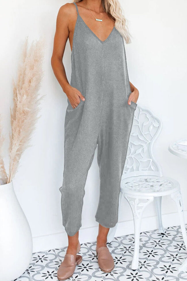 Fashion Street Solid Pocket V Neck Loose Jumpsuits