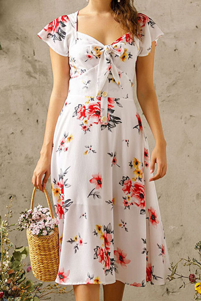 Fashion Street Print Split Joint V Neck A Line Dresses