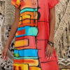 Fashion Street Print Split Joint V Neck A Line Dresses