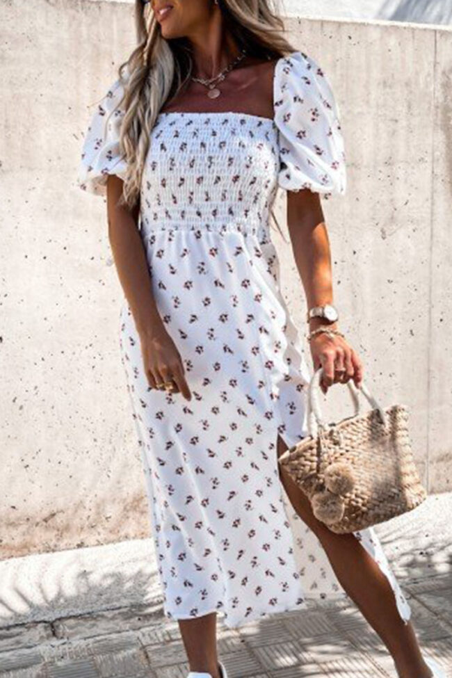 Fashion Street Print Slit Square Collar A Line Dresses